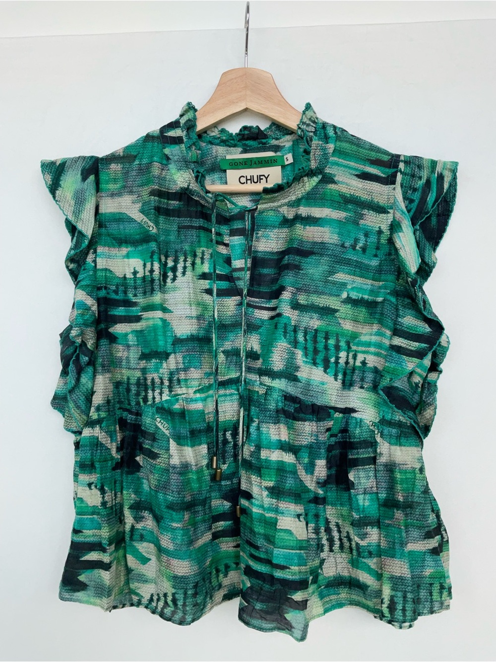 Shift Gone Jammin  Ruffle-Sleeve Tie-Neck Blouse